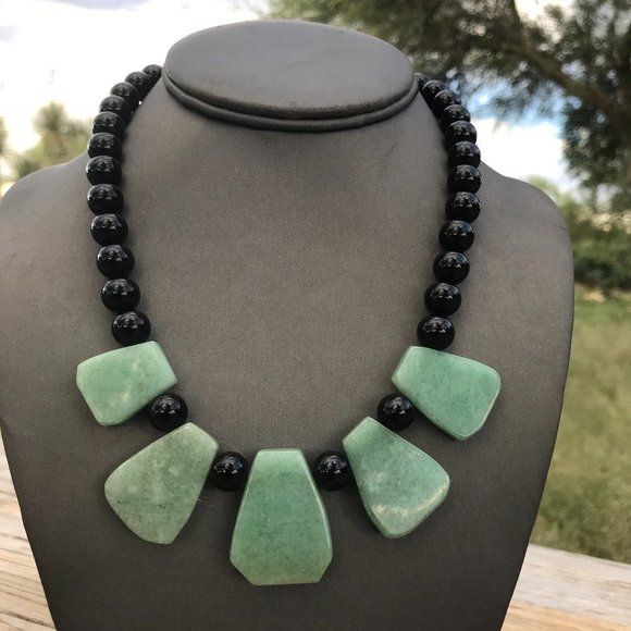 Genuine Natural Jade Nephrite Black Onyx Cleopatra Necklace Sterling Silver 925 - Picture 7 of 13